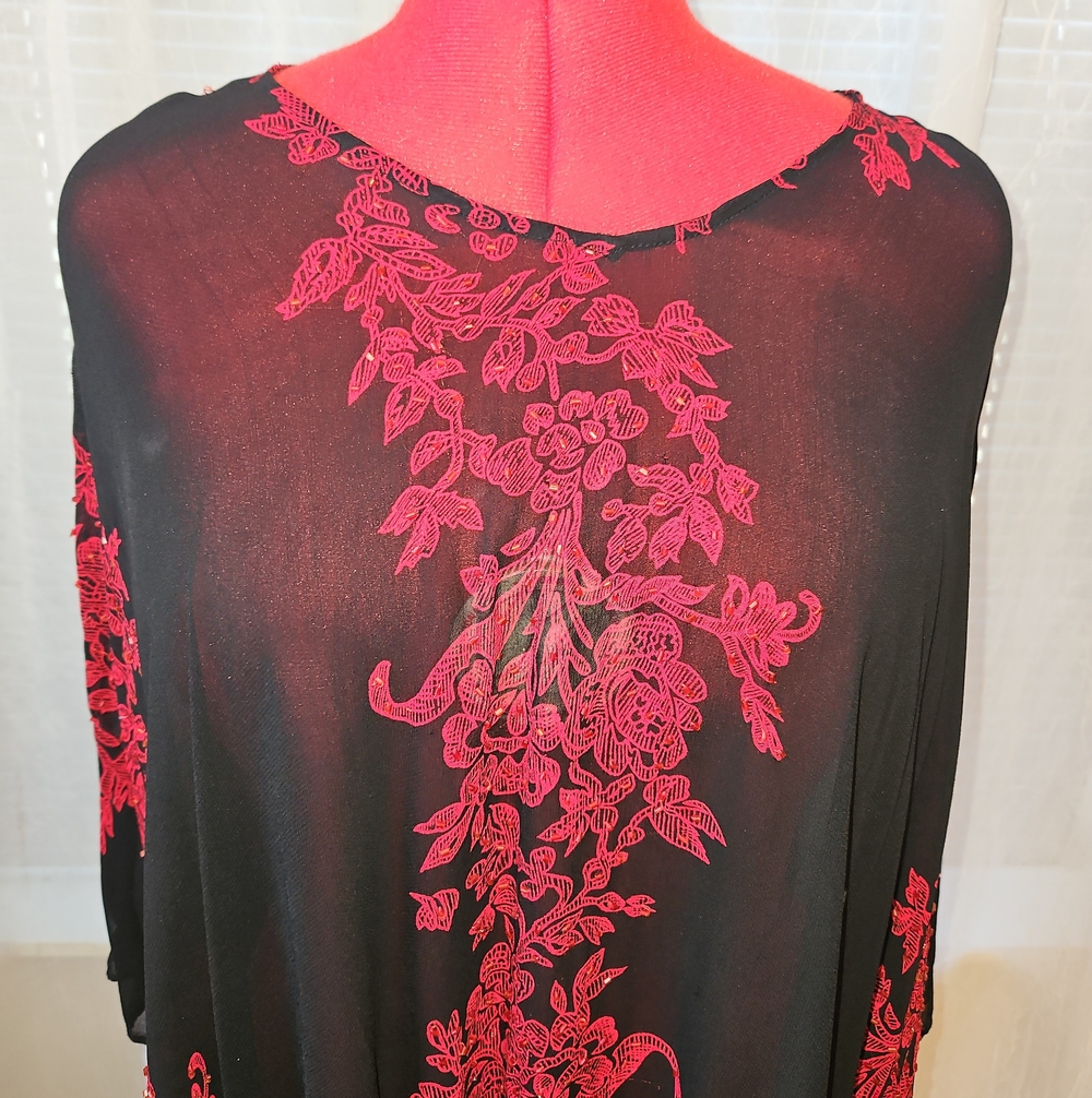 Maggie Barnes Black Sheer Poncho with Red Floral Embroidery - Picture 2 of 7
